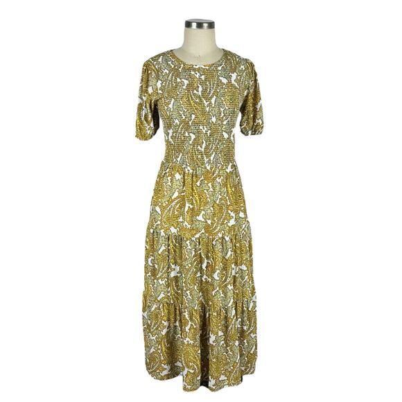 MK MICHAEL KORS Yellow Piasley Patterned Smocked Saffron Midi Dress Women's Med - Picture 1 of 9